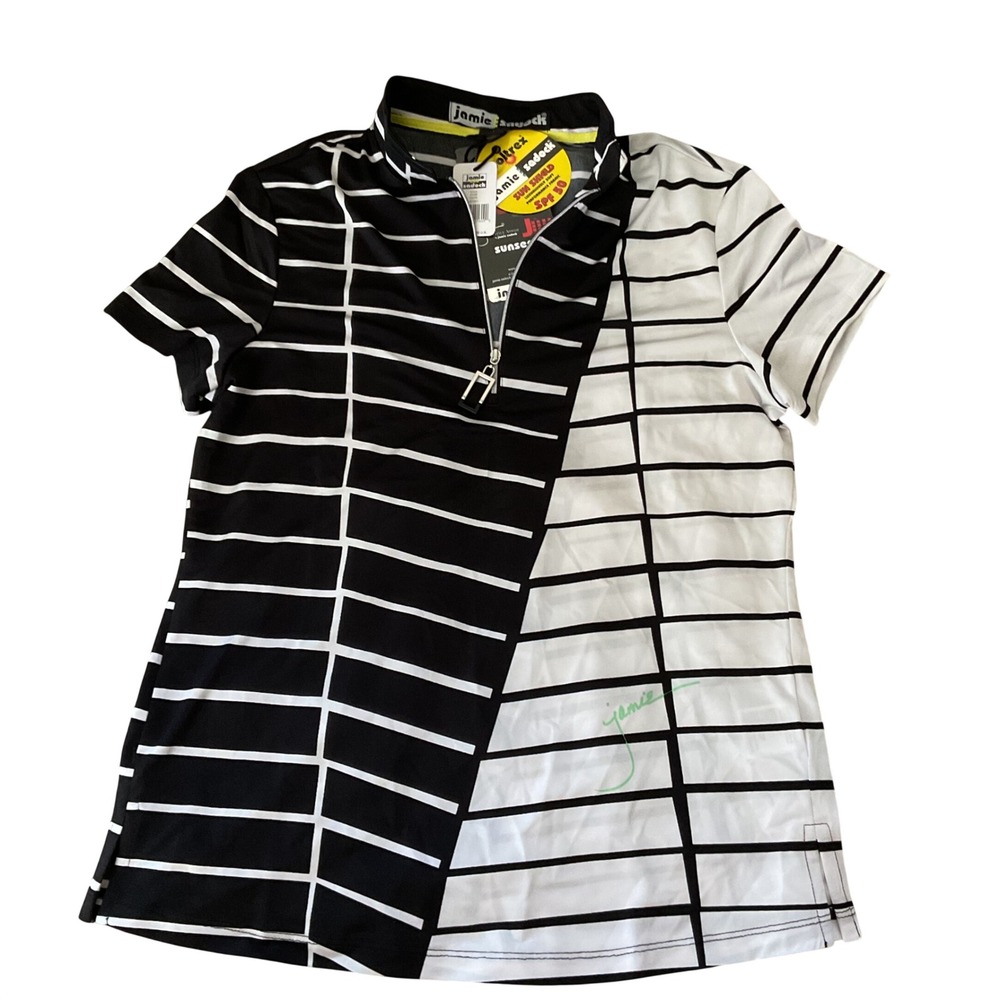 Jamie Sadock Sunsense Womens SPF 50 Golf Top Black White Grid 1/4 Zip 21120 NEW